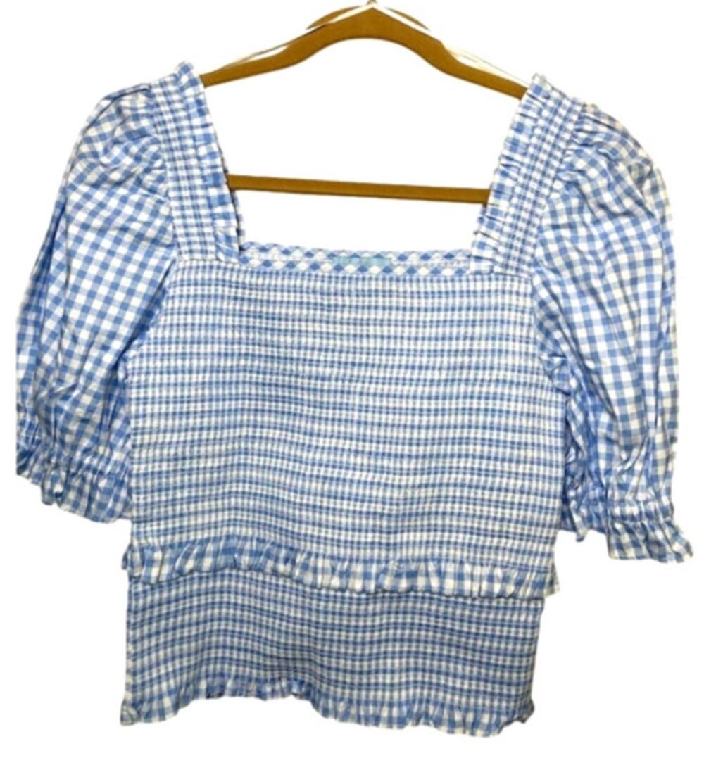 Cece Gingham Crop Top‎ Puff Sleeve Smocked Coquette Blue Blouse Milkmaid Size M